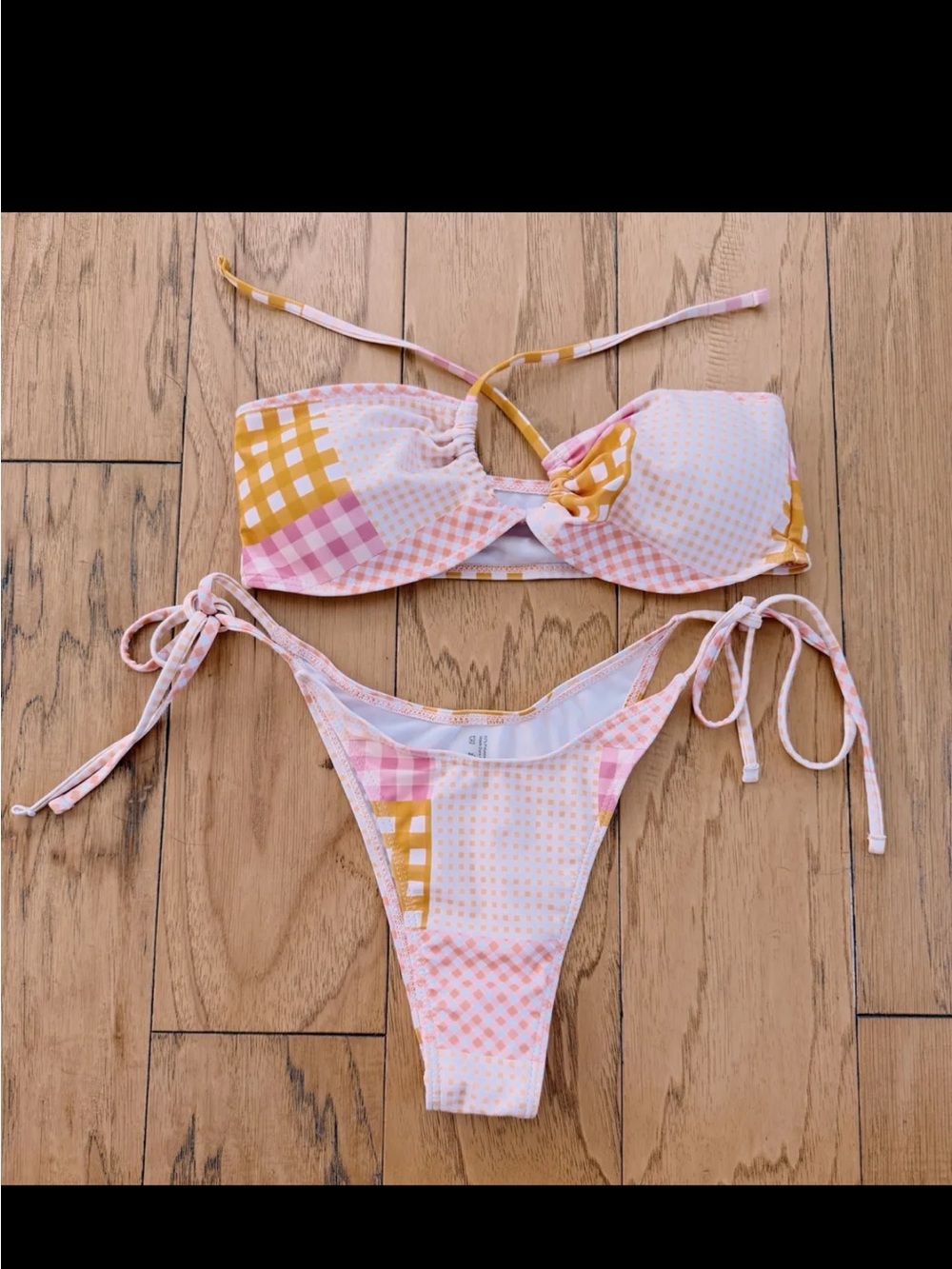SHEIN Pink & Yellow Patchwork Tie-Side Bikini Set